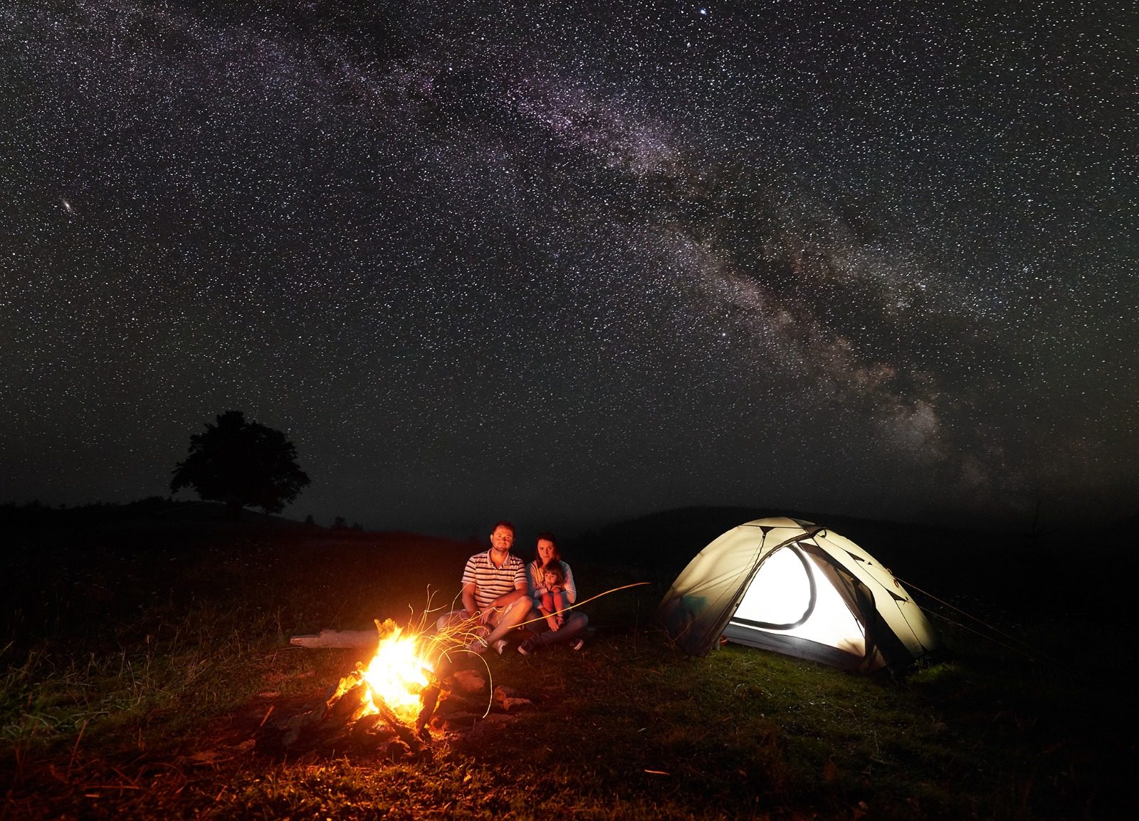 A family beside the fire under the Milky Way, a lone tree on the horizon