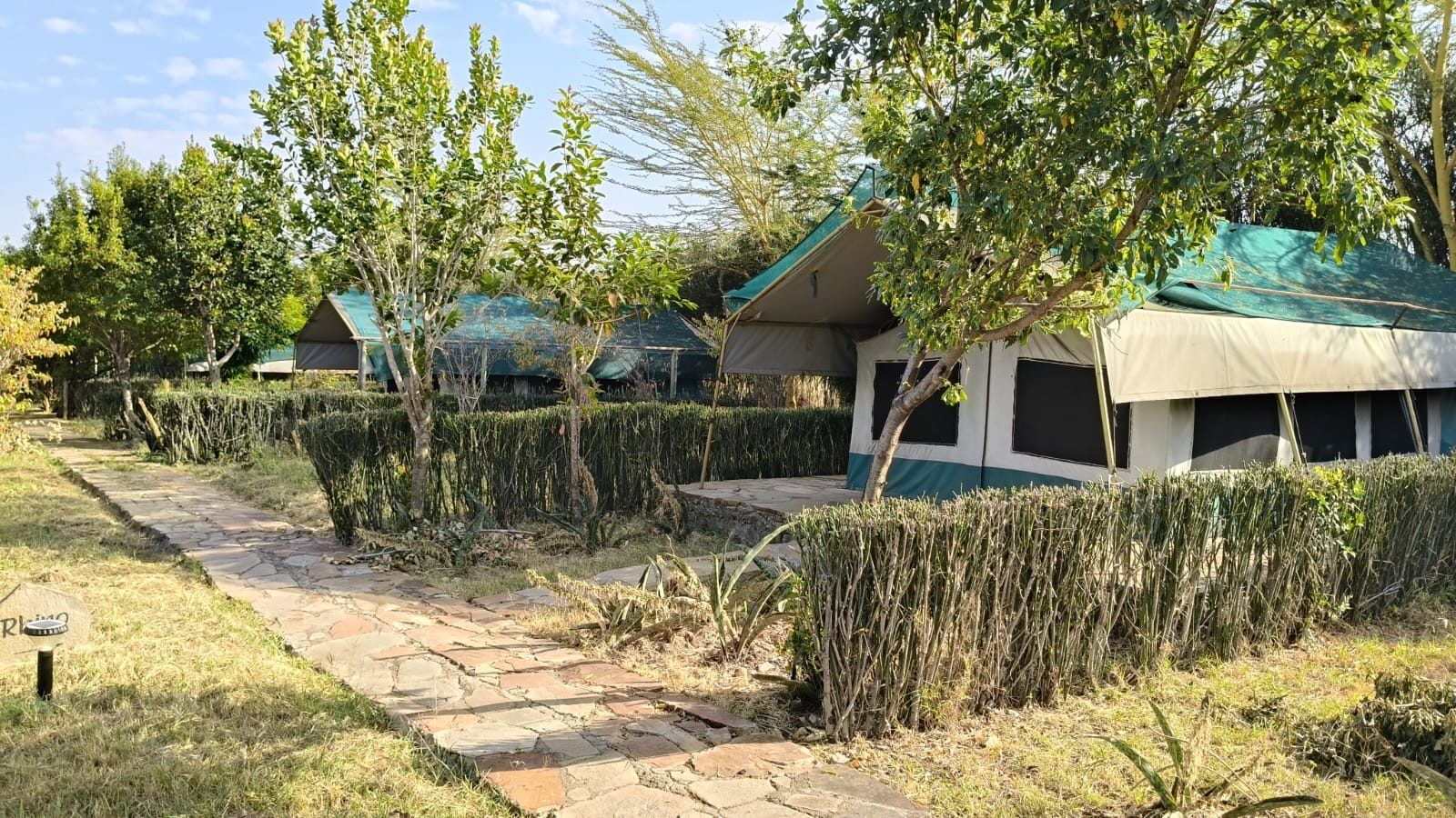 A row of canvas safari tents along a stone path at Mara Silalei Camp